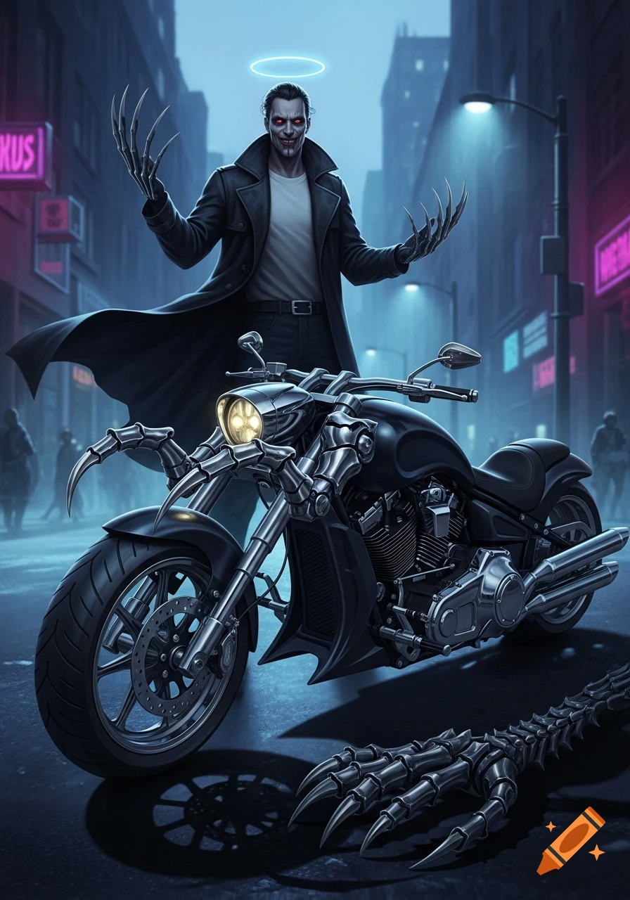 A menacing, clawed man with a neon halo stands behind a custom motorcycle with claw-like elements on a dark, neon-lit city street.