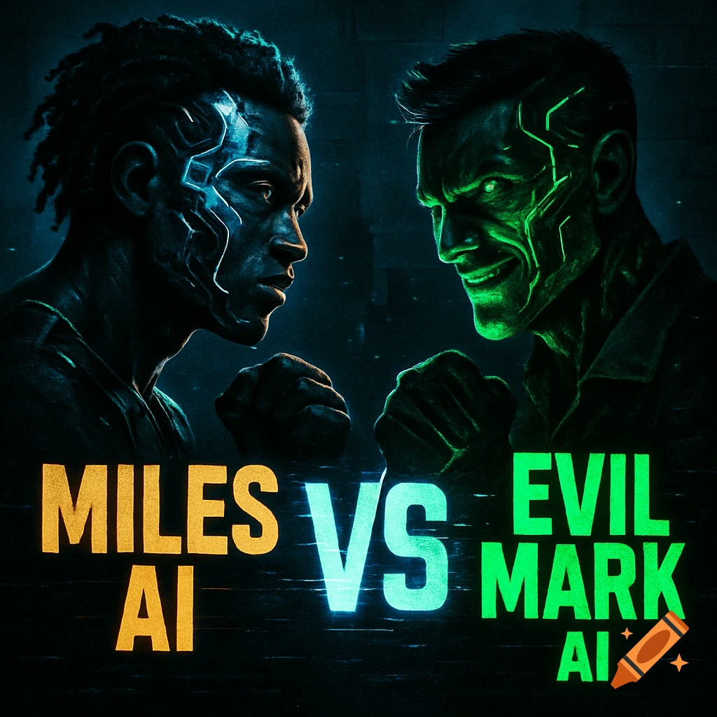 A dramatic poster of two glow-line cyborgs, Miles AI in blue and Evil Mark AI in green, facing off with 'VS' between them.