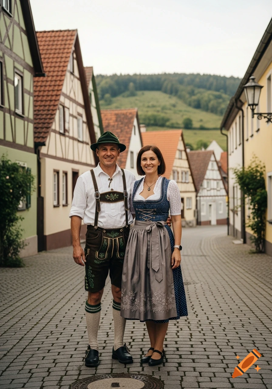 A smiling man and woman in traditional German lederhosen and dirndl pose in a quaint village street.