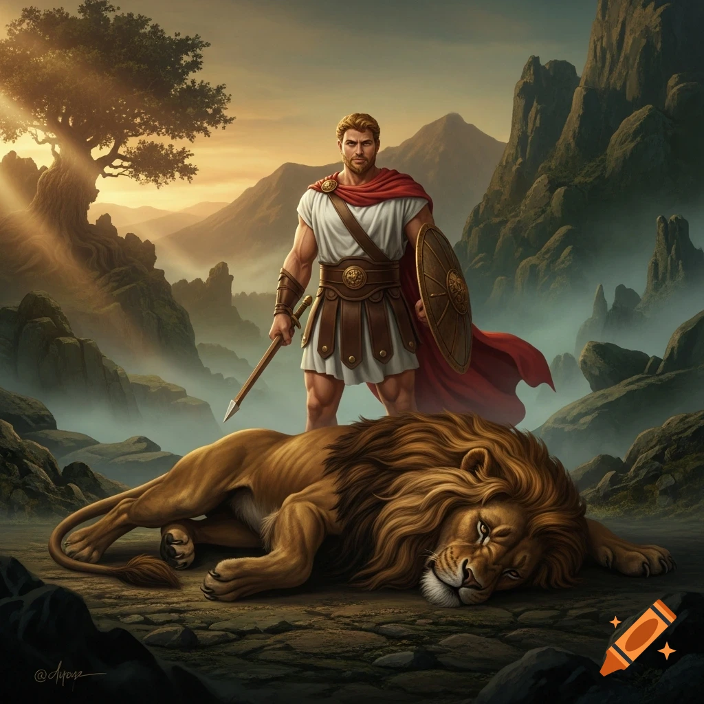 Hercules stands heroically over the defeated Nemean lion in a rocky, misty landscape at sunset, digital painting.
