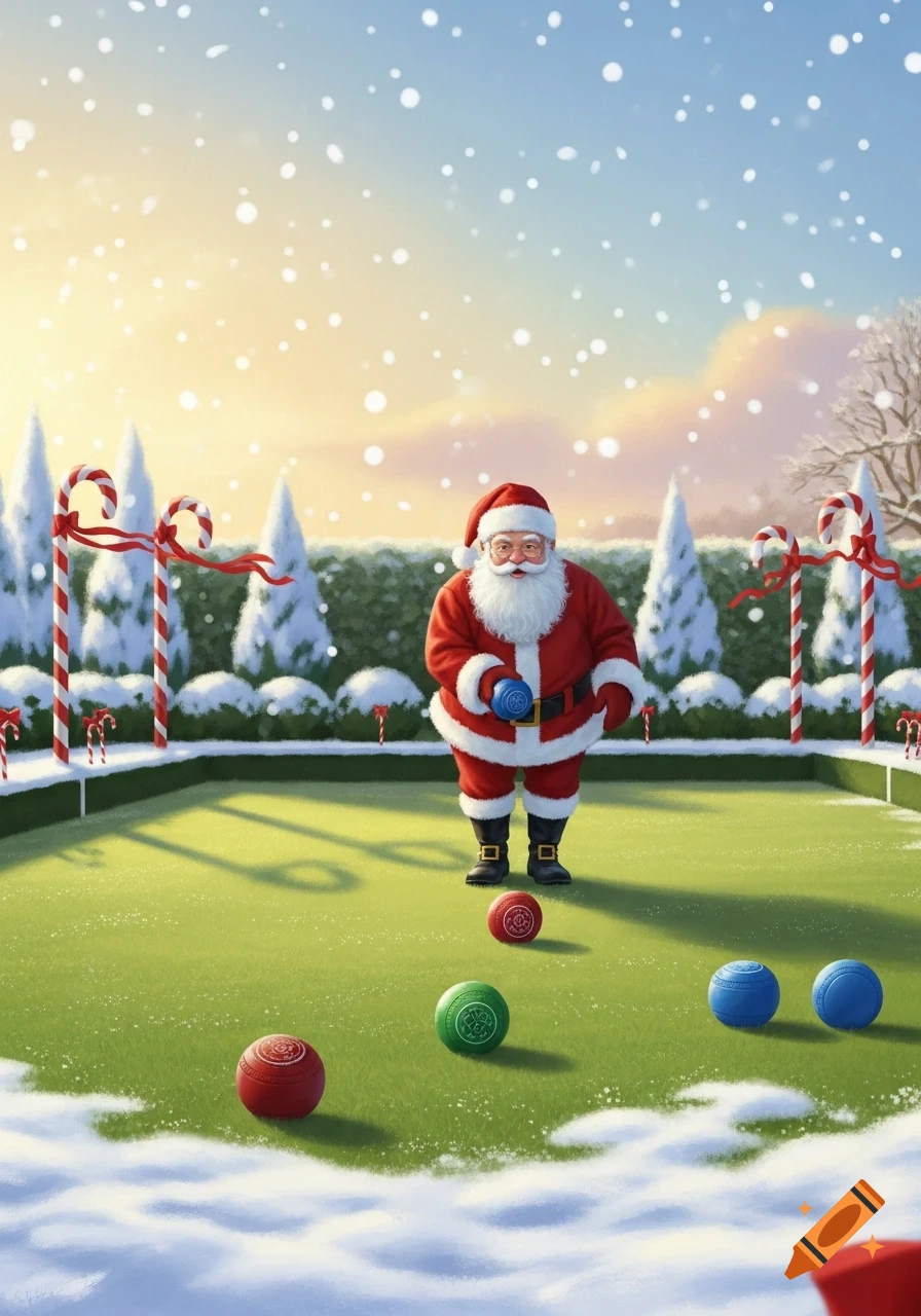 Santa Claus plays lawn bowls on a snowy green lawn decorated with candy canes and snow-covered trees, holding a blue ball among other colored balls.
