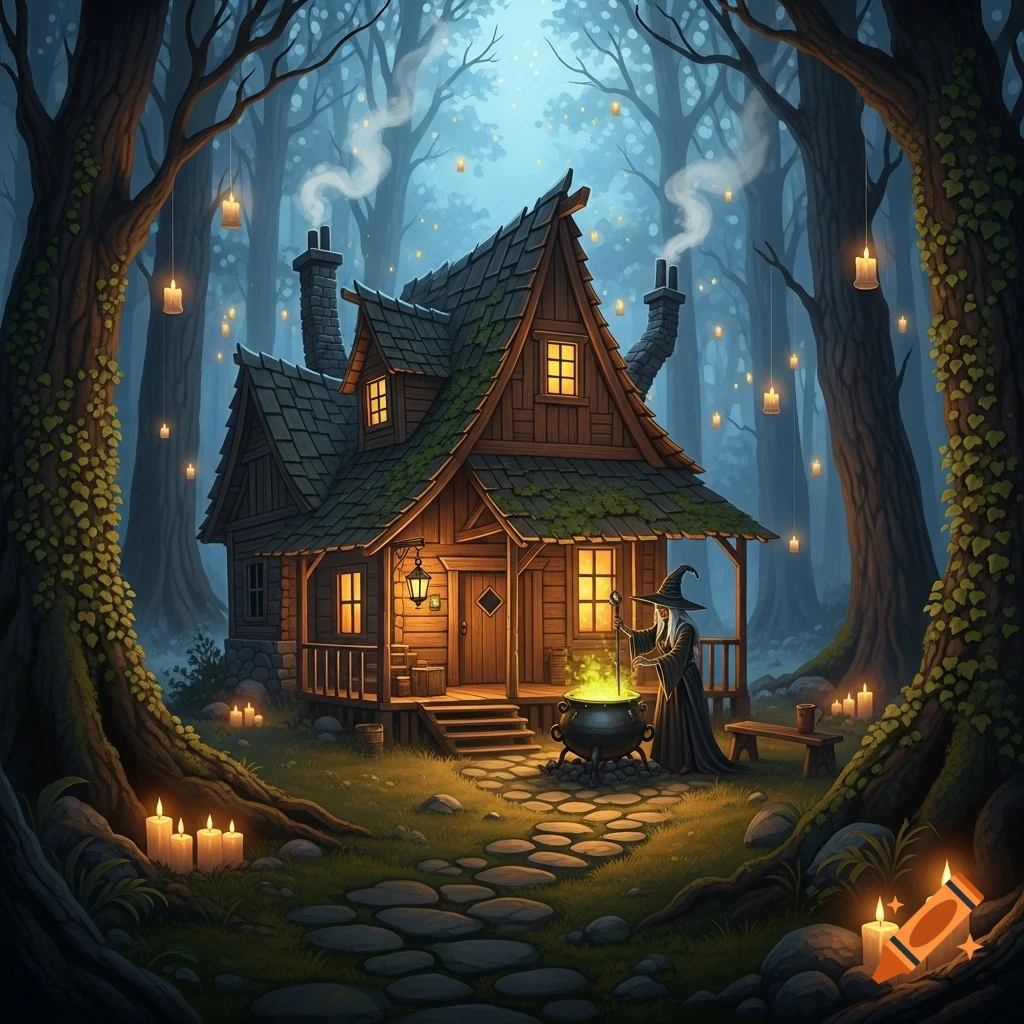 A cozy witch's cabin in a dark, magical forest with hanging candles, a witch stirring a glowing cauldron, and a stone path.