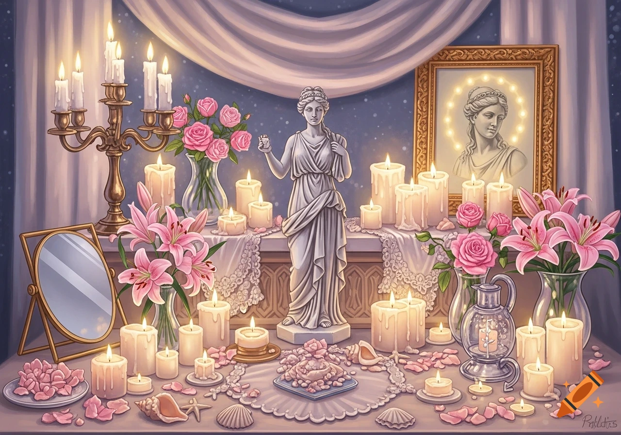 An ornate altar for Aphrodite featuring a statue, many lit candles, pink lilies and roses, seashells, a mirror, and a framed portrait.