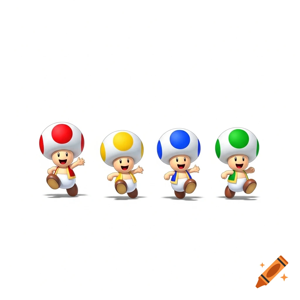 Four cartoon Mario Toads with red, yellow, blue, and green mushroom caps are running on a white background.