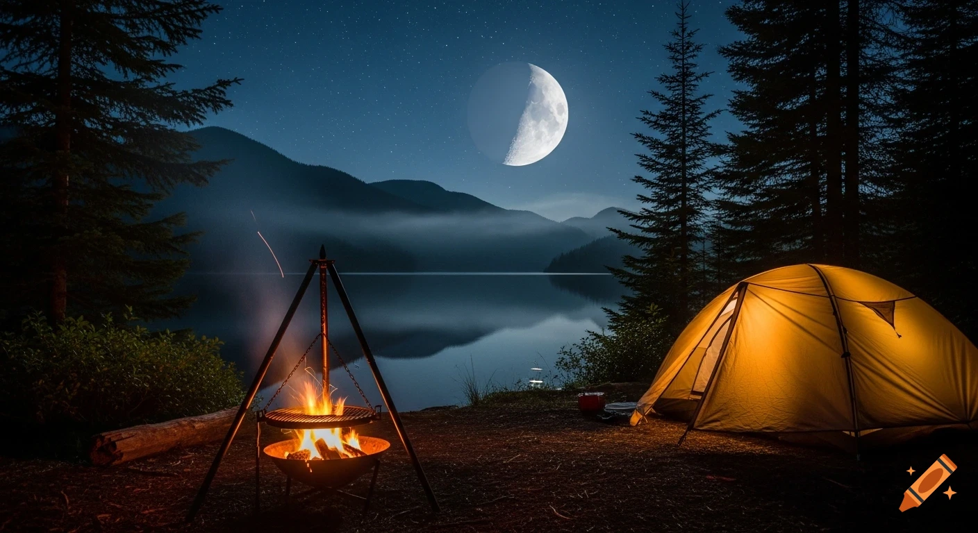 Photorealistic nighttime camping by a calm lake with pine trees, misty mountains, a half-moon, glowing campfire, and lit tent.