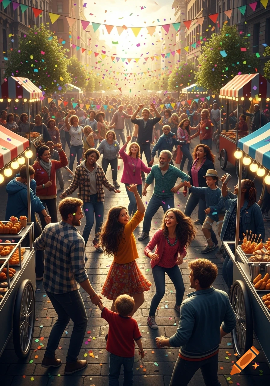 A photorealistic image of a lively street festival filled with diverse people dancing and celebrating amidst colorful banners, confetti, and food stalls.