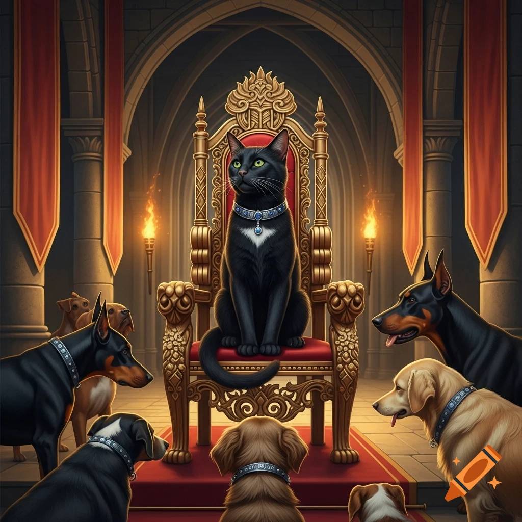 A majestic black cat with green eyes sits on an ornate golden throne, while several dog breeds bow before it in a grand, dimly lit castle hall.