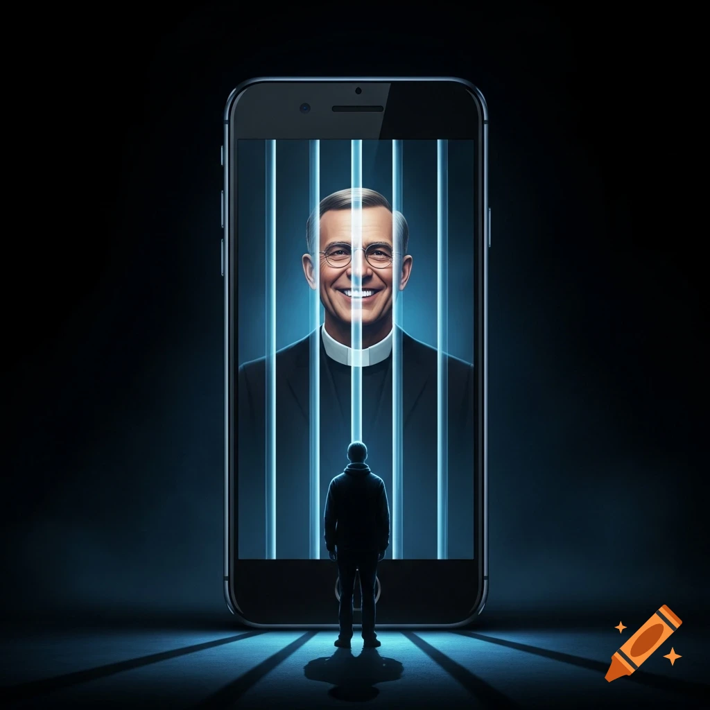 A person stands before a giant smartphone displaying a smiling preacher behind blue light bars, symbolizing digital control in a dark room.