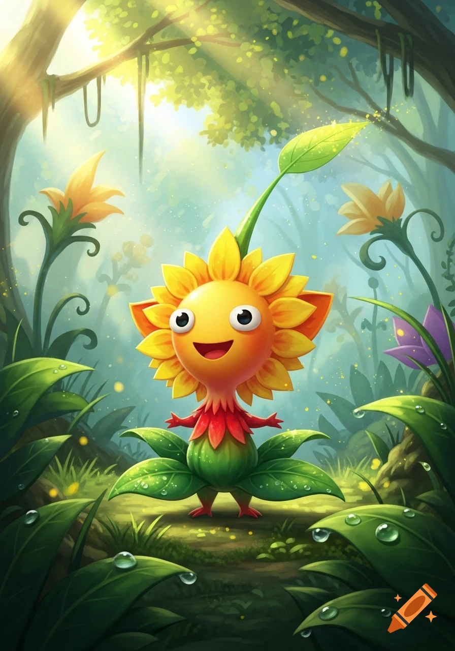 A cute, smiling sun-like plant creature with a sunflower head and green leafy body stands in a vibrant, sun-dappled forest.