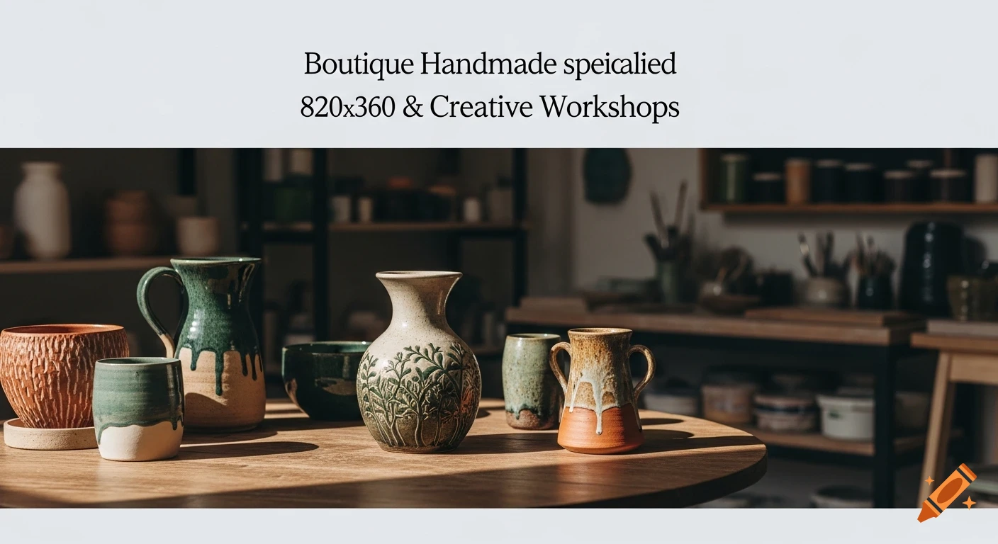 A variety of handmade ceramic pots, mugs, and vases on a wooden table in a sunlit workshop, with text at the top.