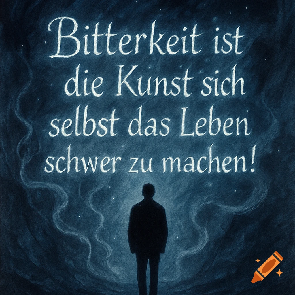 A silhouette of a person stands under glowing German text 'Bitterkeit ist die Kunst sich selbst das Leben schwer zu machen!' on a dark, starry background.