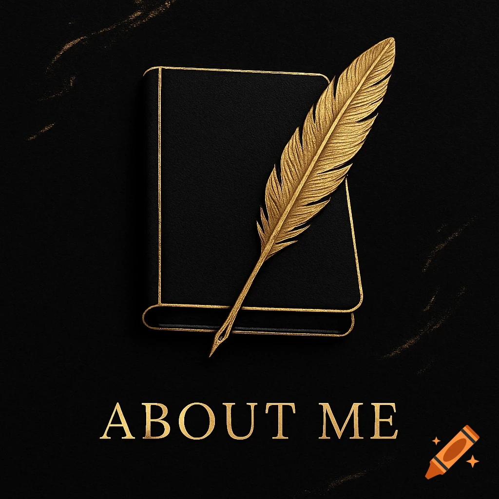 A gold quill pen resting on a black book with gold trim, above the gold text 'ABOUT ME', all on a black textured background.