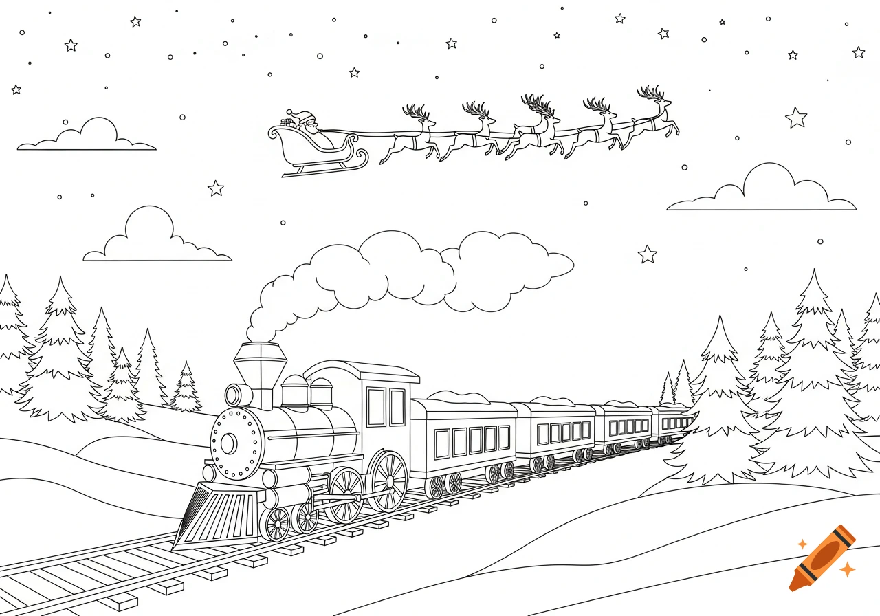 Line art of a Christmas train in a snowy landscape with pine trees, and Santa's sleigh pulled by reindeer flying overhead in the night sky.