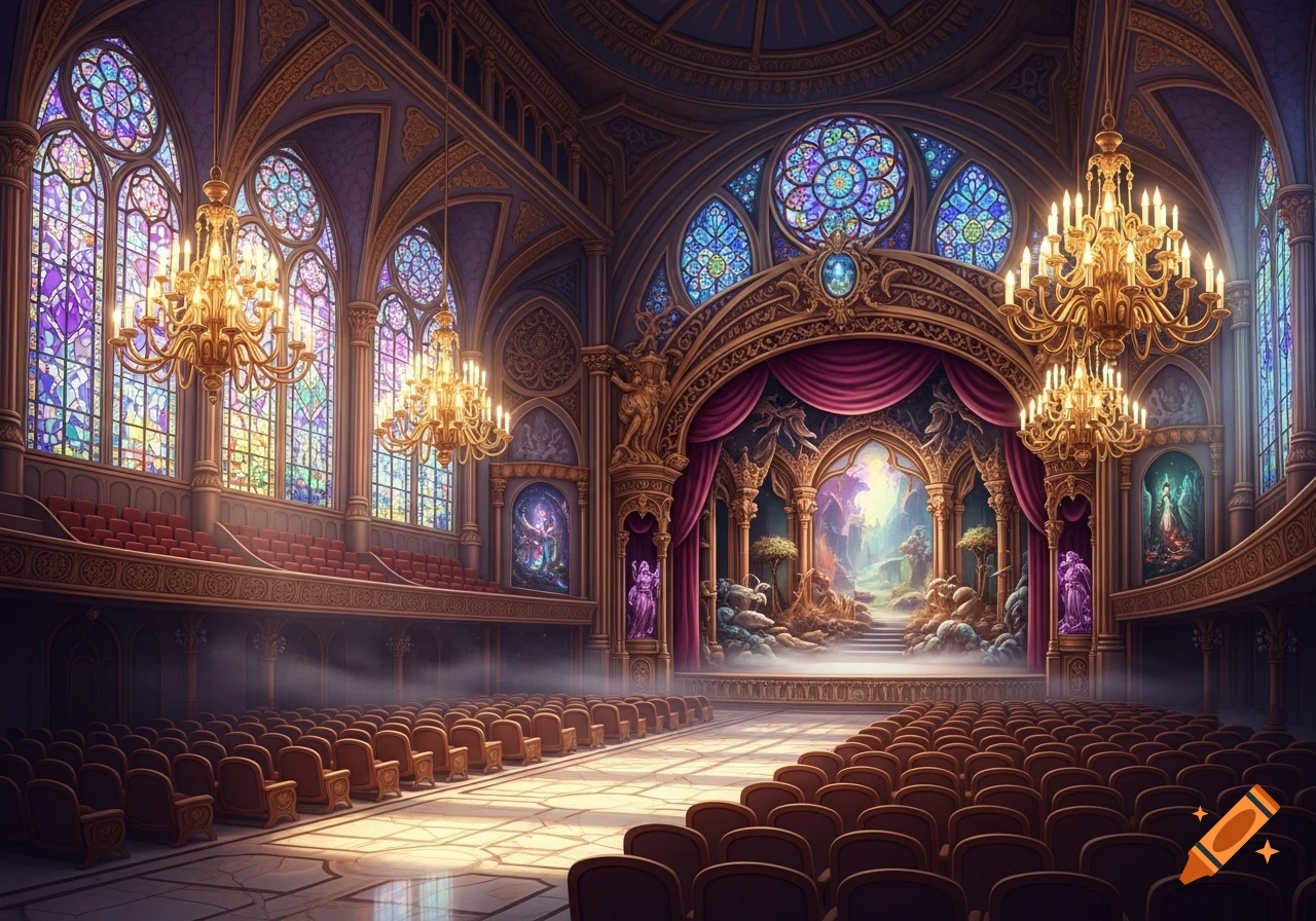 An ornate fantasy theater with stained glass windows, golden chandeliers, plush seating, and a magical stage.