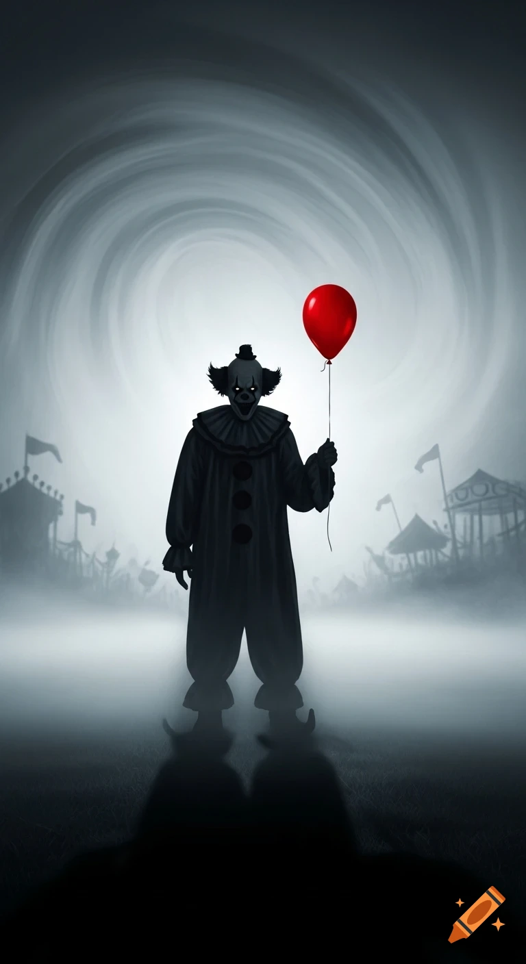 Creepy clown silhouette with glowing eyes holding a red balloon in a foggy, abandoned amusement park, dark cinematic horror style.