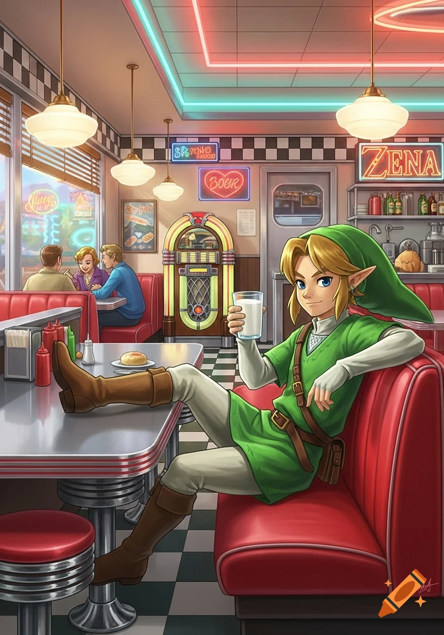 Link from Legend of Zelda relaxing in a retro diner booth with his feet on the table, holding a glass of milk, in a stylized illustration.