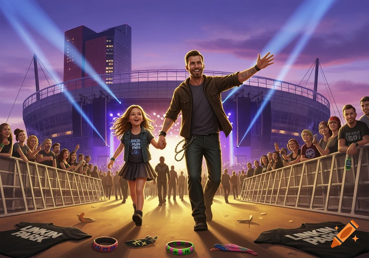 A man and a young girl walk hand-in-hand towards a stage at a crowded outdoor stadium concert at sunset, with spotlights.