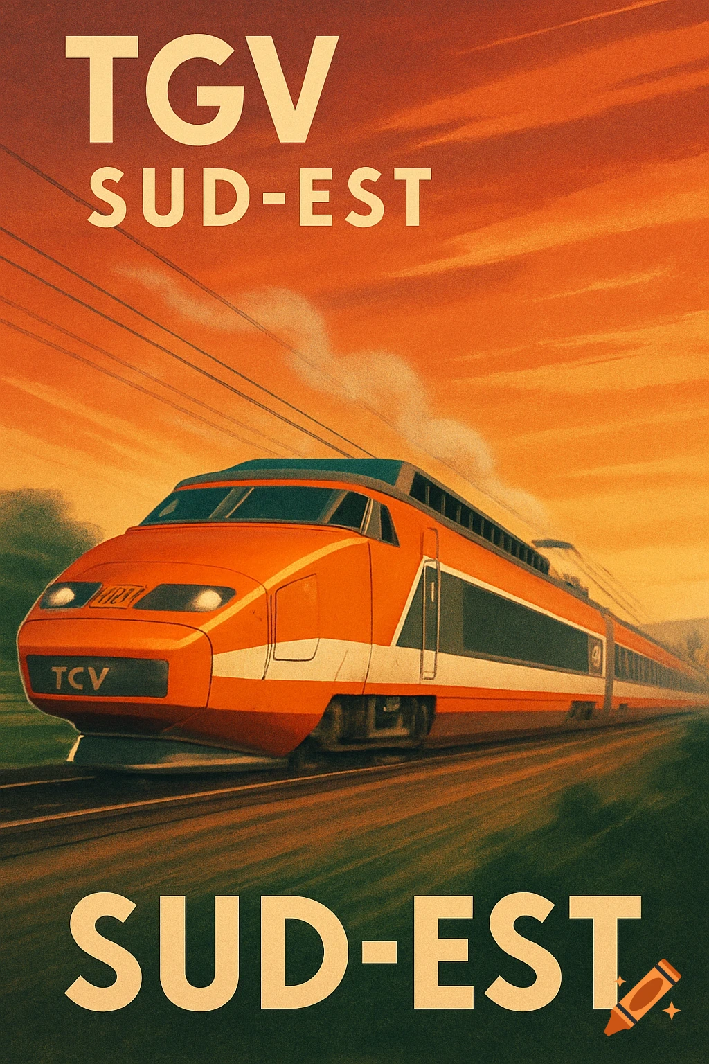 A vintage-style orange poster featuring a TGV SUD-EST high-speed train speeding across a track under a fiery orange sunset sky, with "TGV SUD-EST" text at the top and bottom.