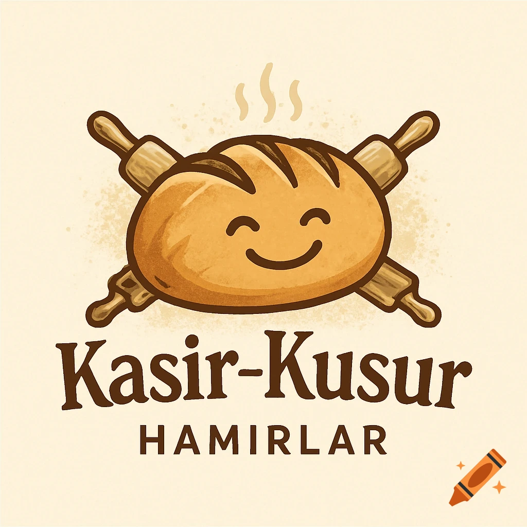 Cartoon logo of a smiling loaf of bread with crossed rolling pins, text 'Kasir-Kusur Hamirlar'.