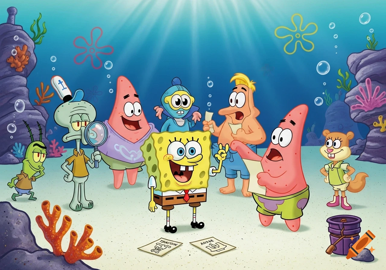 Spongebob, Patrick, Squidward, Plankton, Sandy, and other characters underwater, looking at papers on the sand with text.