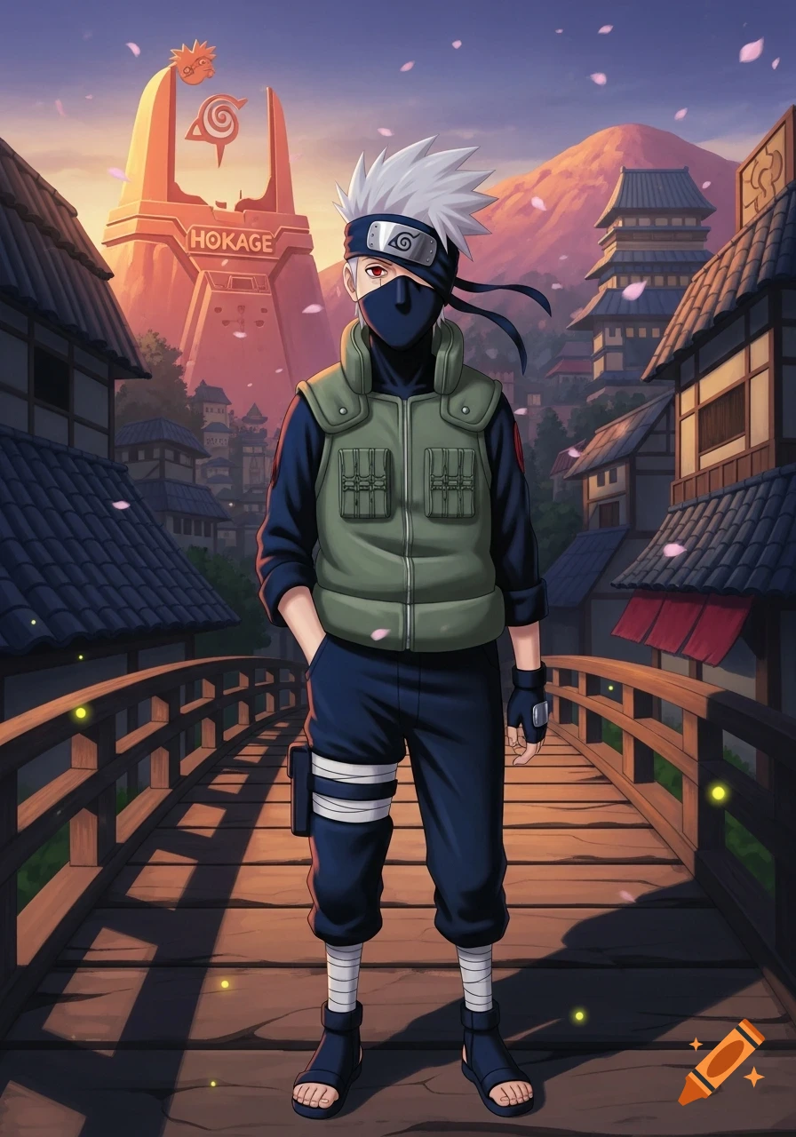 Anime character Kakashi stands on a wooden bridge in a traditional village with a Hokage building and mountains, falling cherry blossoms.
