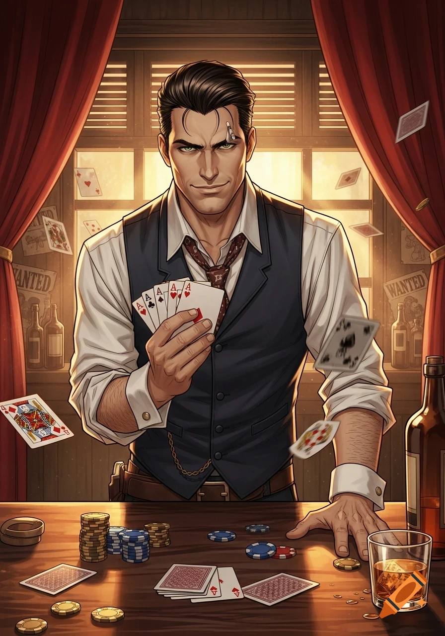 A slick man in a vest and white shirt holds a fanned poker hand of four aces, leaning over a table with chips and whiskey in a Western saloon, in a graphic novel style.