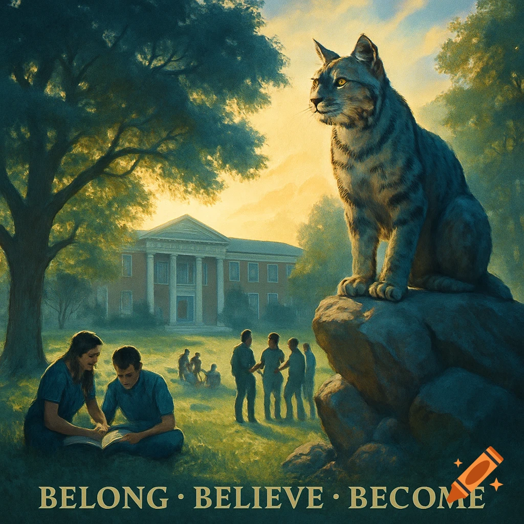 A large wildcat statue overlooks students on a green campus lawn with a classical building in the background, text reads BELONG BELIEVE BECOME.