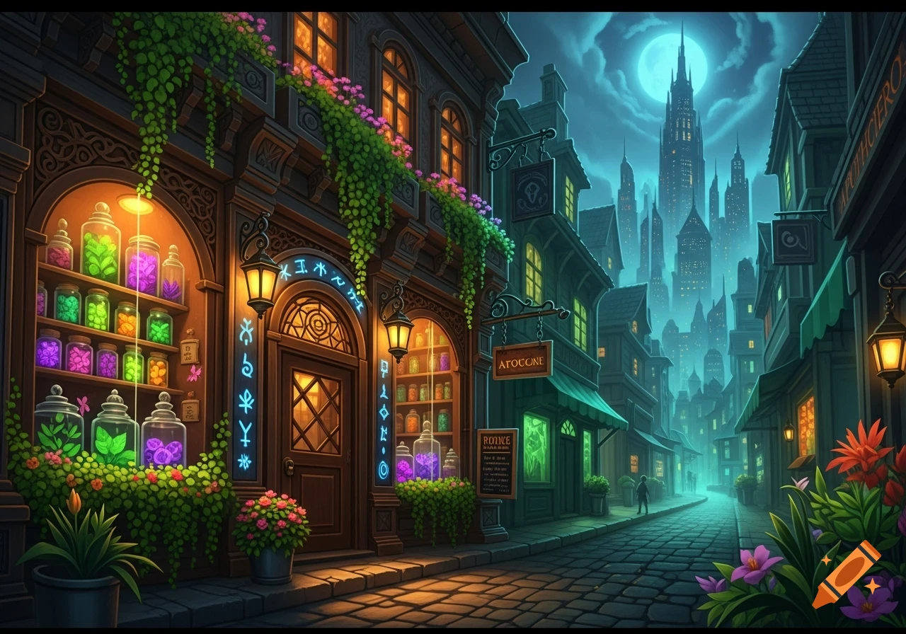 An urban fantasy night scene featuring a vibrant herbalist shop with glowing jars and signs, and a large city skyline under a full moon.
