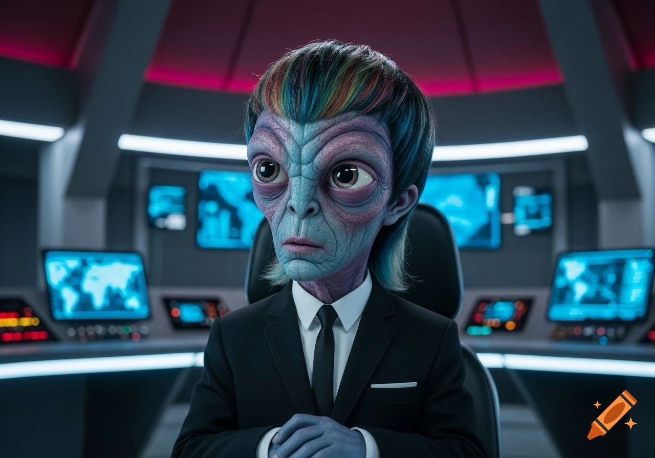 A blue-skinned alien with a colorful mullet, wearing a black suit and tie, sits in a futuristic control room with glowing monitors.