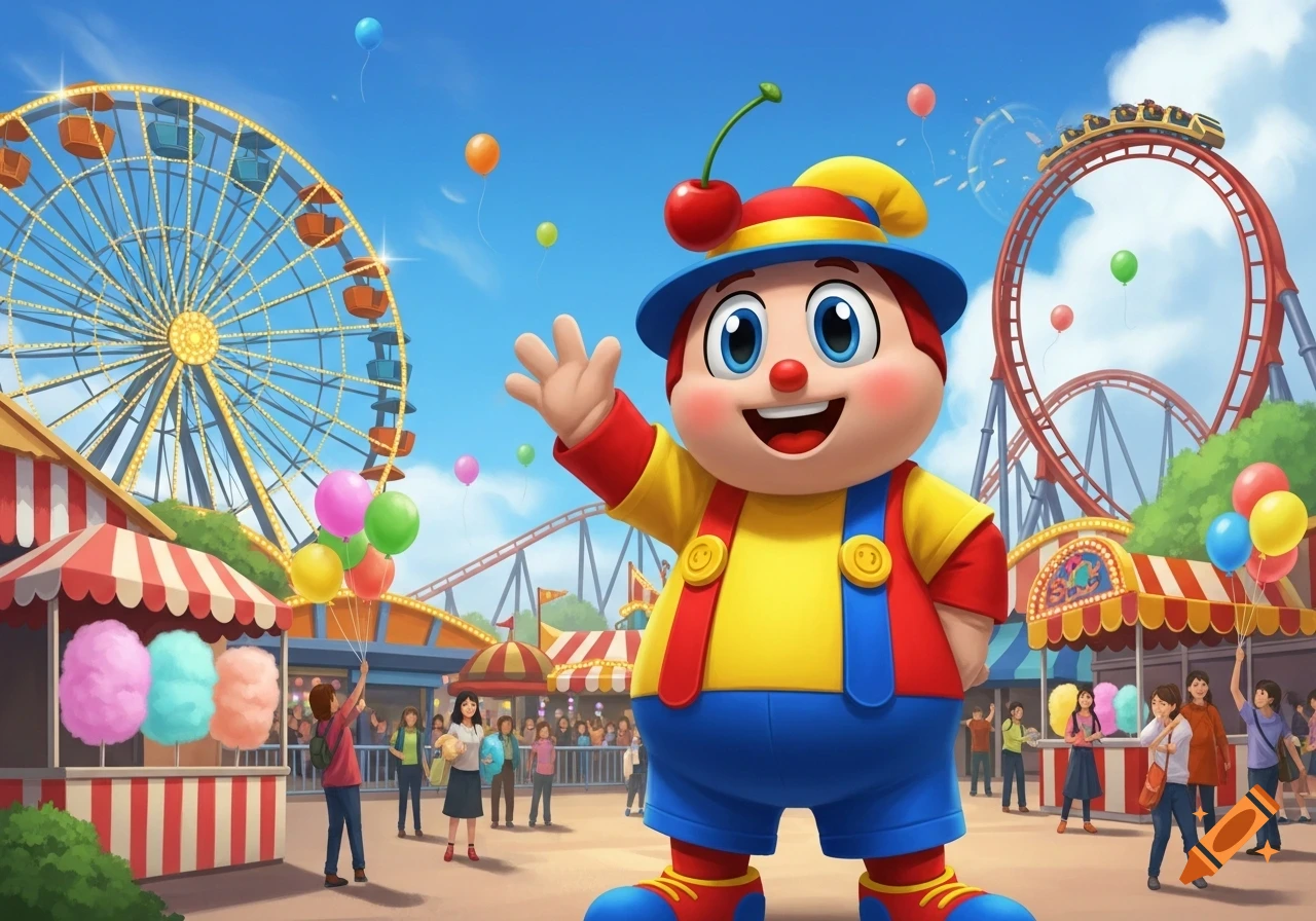 A cheerful, brightly colored cartoon mascot waves at a bustling amusement park with a Ferris wheel and rollercoaster.