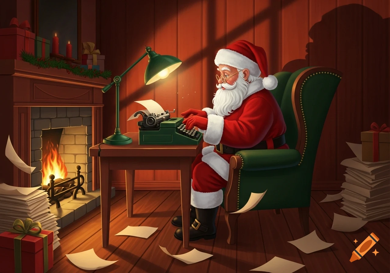 Santa Claus sits at a desk, typing on an old-fashioned green typewriter by a fireplace, with papers scattered on the wooden floor.