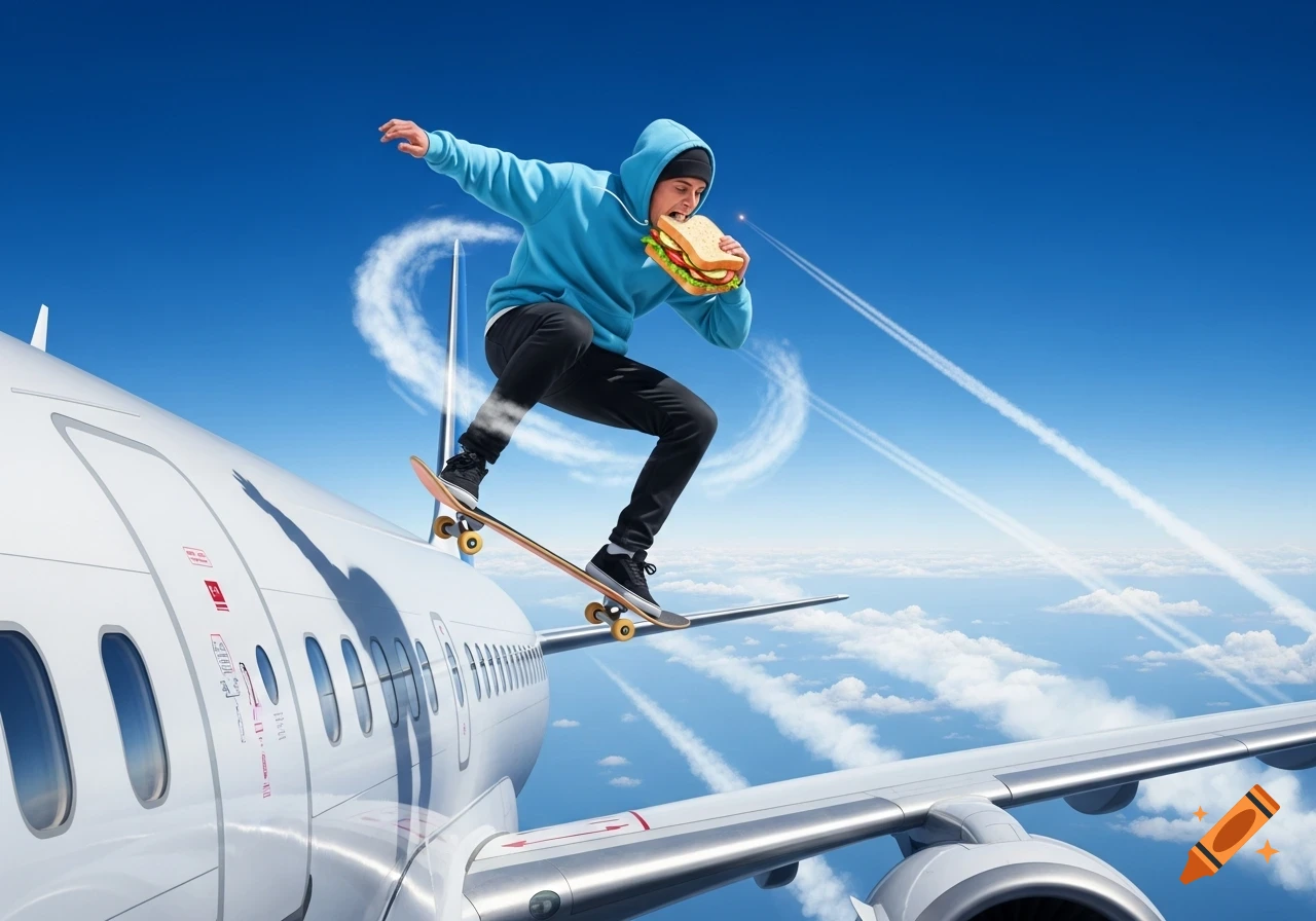A person in a blue hoodie skateboards on the wing of a flying airplane while eating a large sandwich, against a clear blue sky.