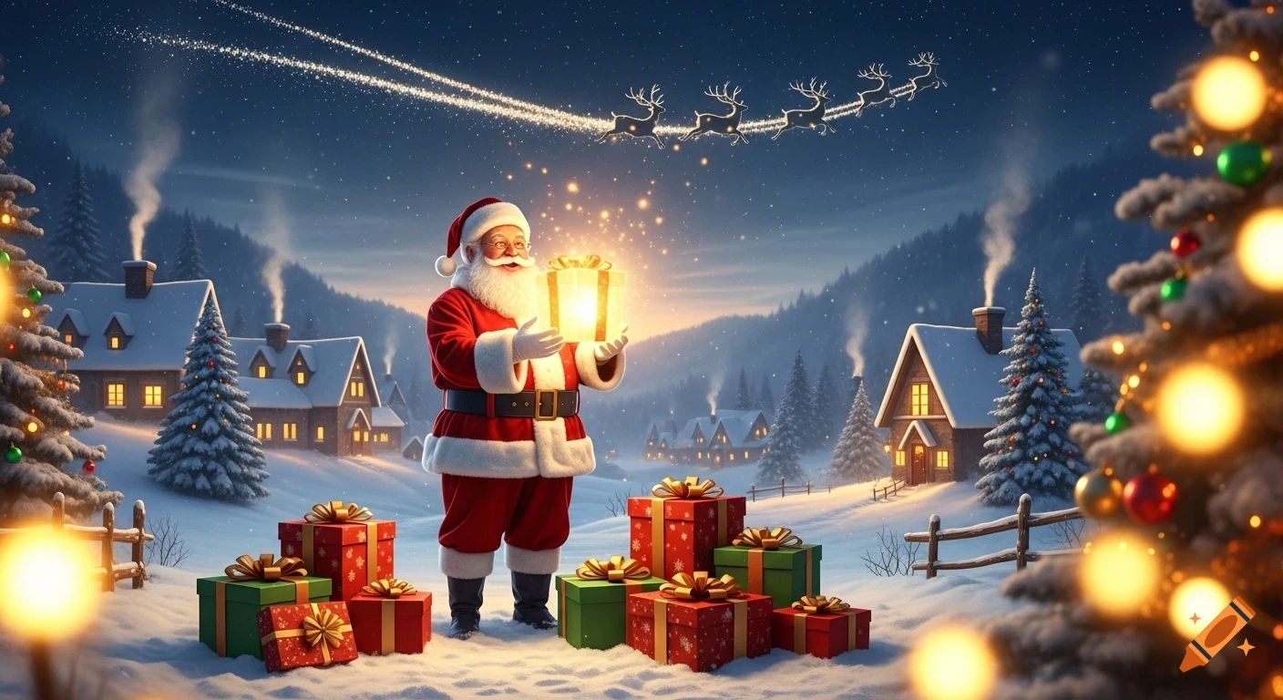 Santa Claus holds a glowing gift amidst colorful presents in a magical, snowy Christmas village with flying reindeer in the sky.