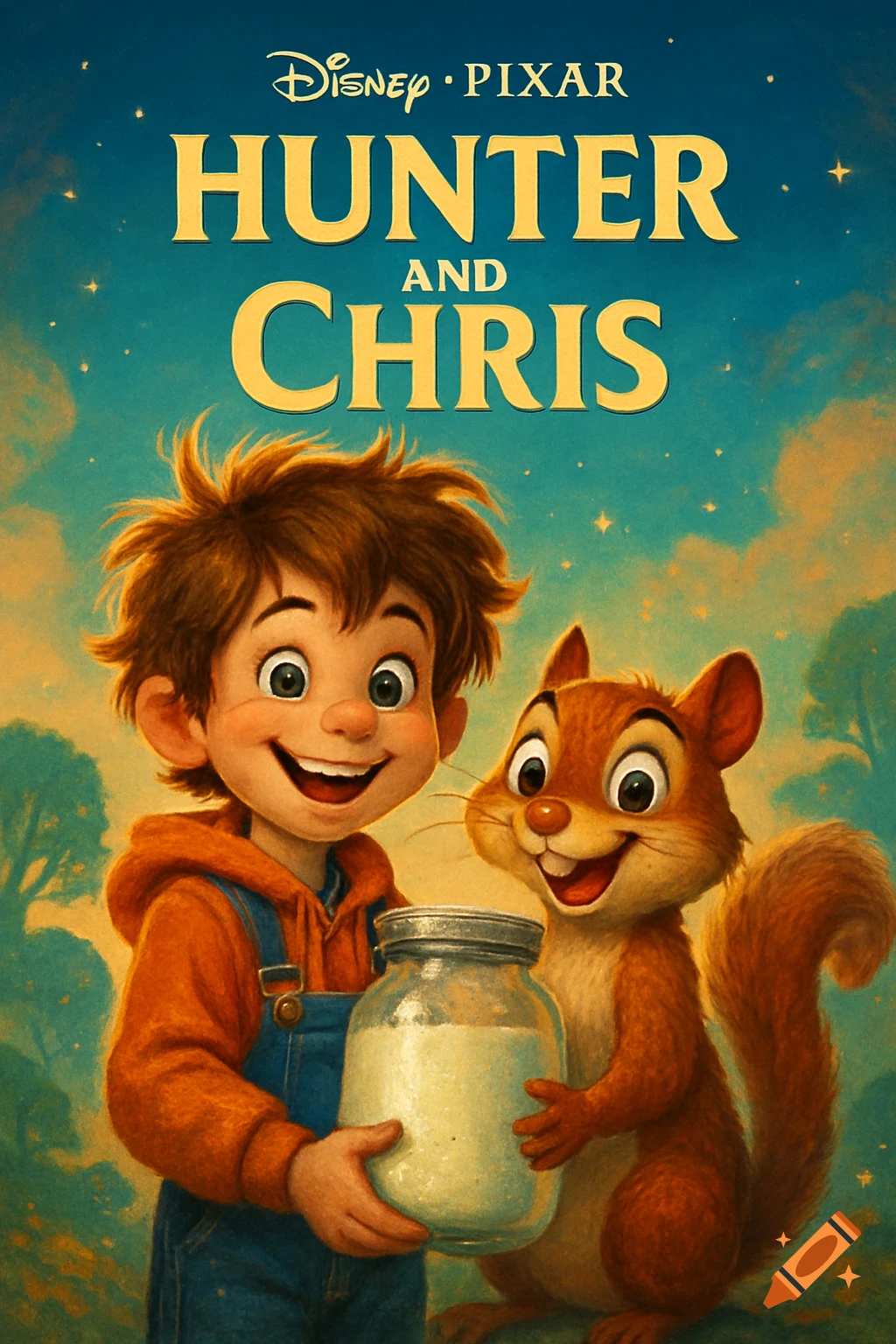A Disney Pixar style movie poster of a happy boy and a squirrel holding a milk jar, titled 'Hunter and Chris'.