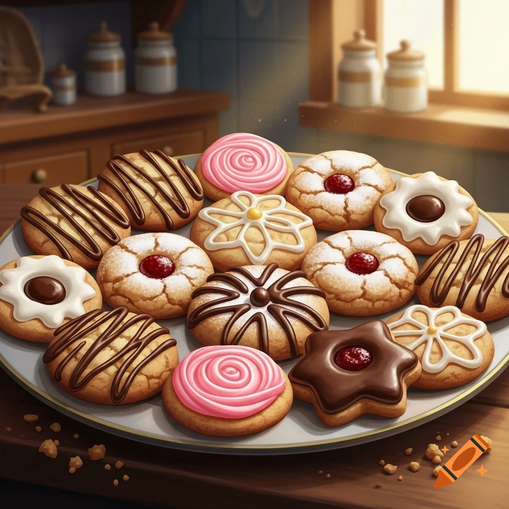 A plate piled high with assorted decorated cookies, including chocolate-drizzled, pink-swirled, jam-filled, and white-iced varieties, on a wooden table in a sunlit kitchen.