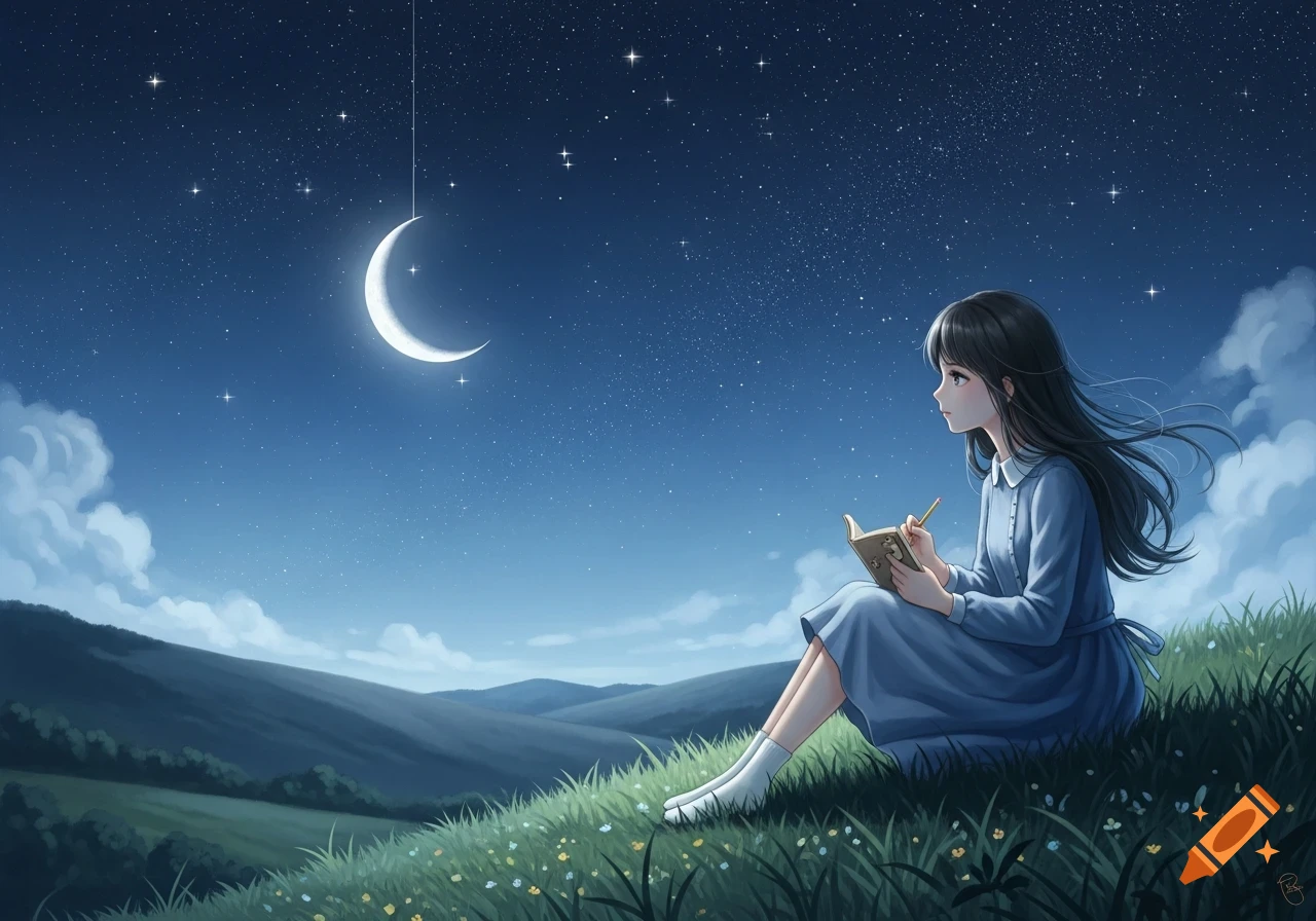 Anime girl in a blue dress sitting on a grassy hill, writing in a book while gazing at a crescent moon in a starry night sky.