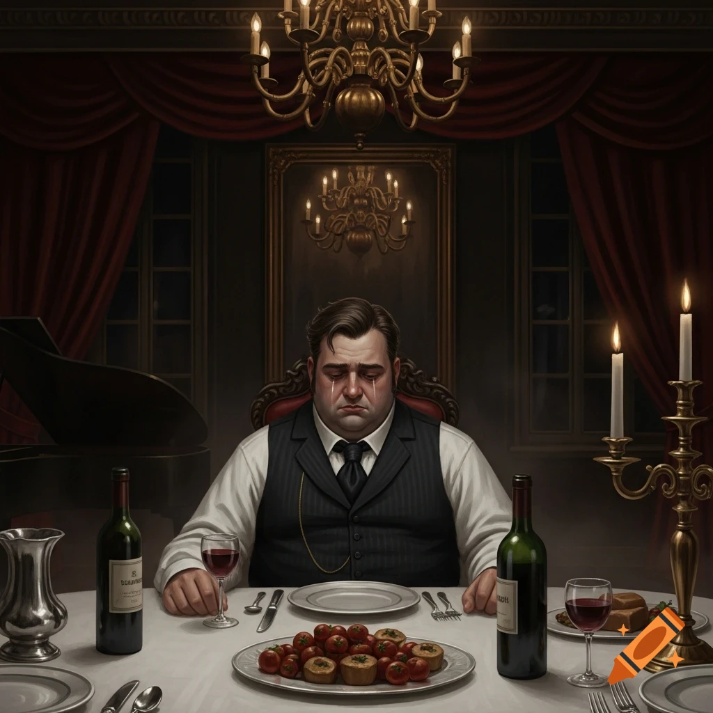 A heavy-set man in a suit vest cries at a lavish dinner table with wine, candles, and food, in a dark, formal room with red curtains.