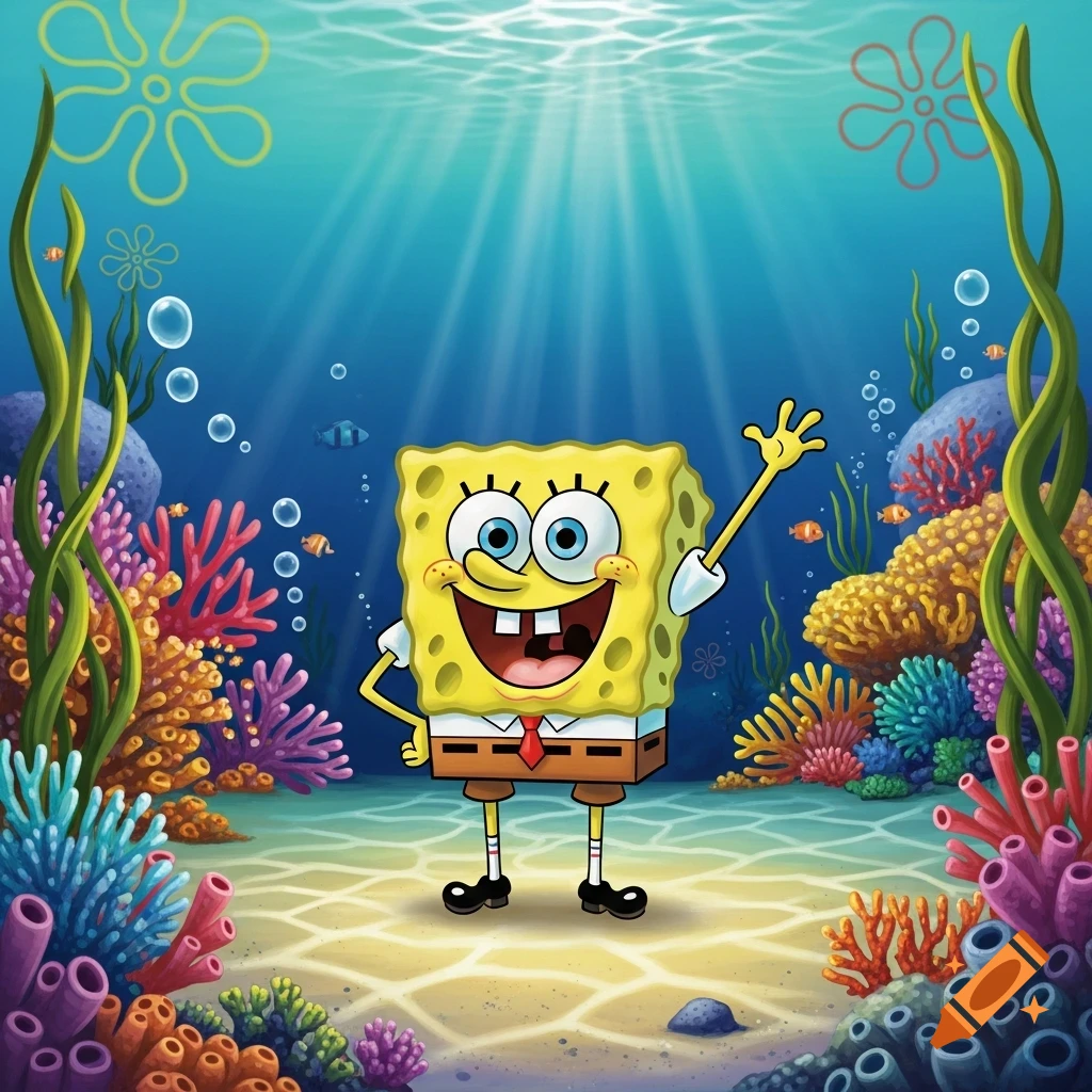 SpongeBob SquarePants stands smiling and waving in a vibrant underwater scene with coral reefs and sunlight.