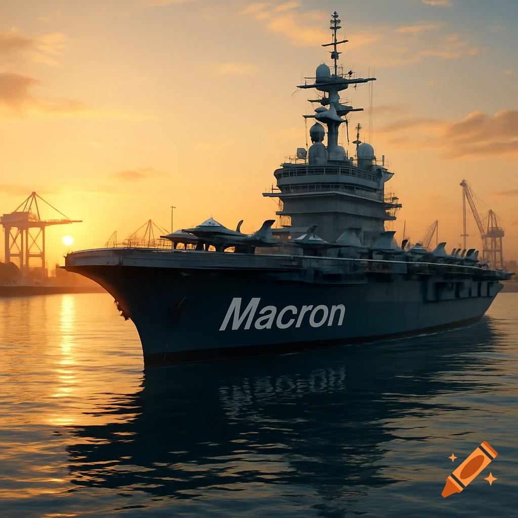 A large aircraft carrier with "Macron" written on its hull sails in a port at sunset, with cranes visible in the background. Photorealistic style.
