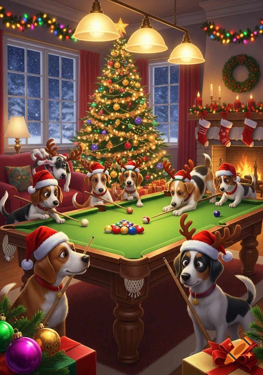 Eight festive dogs in Santa hats and reindeer antlers play billiards in a cozy, brightly decorated Christmas room with a tree and fireplace.