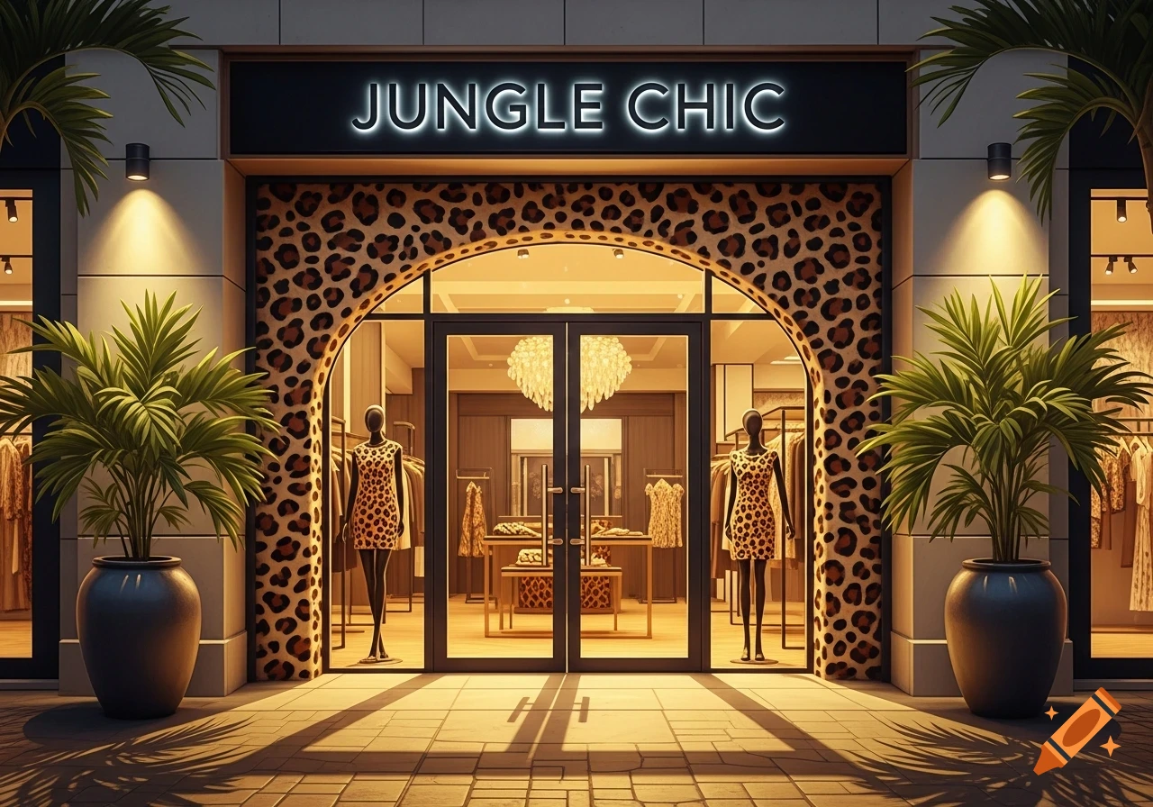 Exterior view of 'JUNGLE CHIC' clothing boutique entrance with a leopard print archway, mannequins in dresses, and potted palm trees.