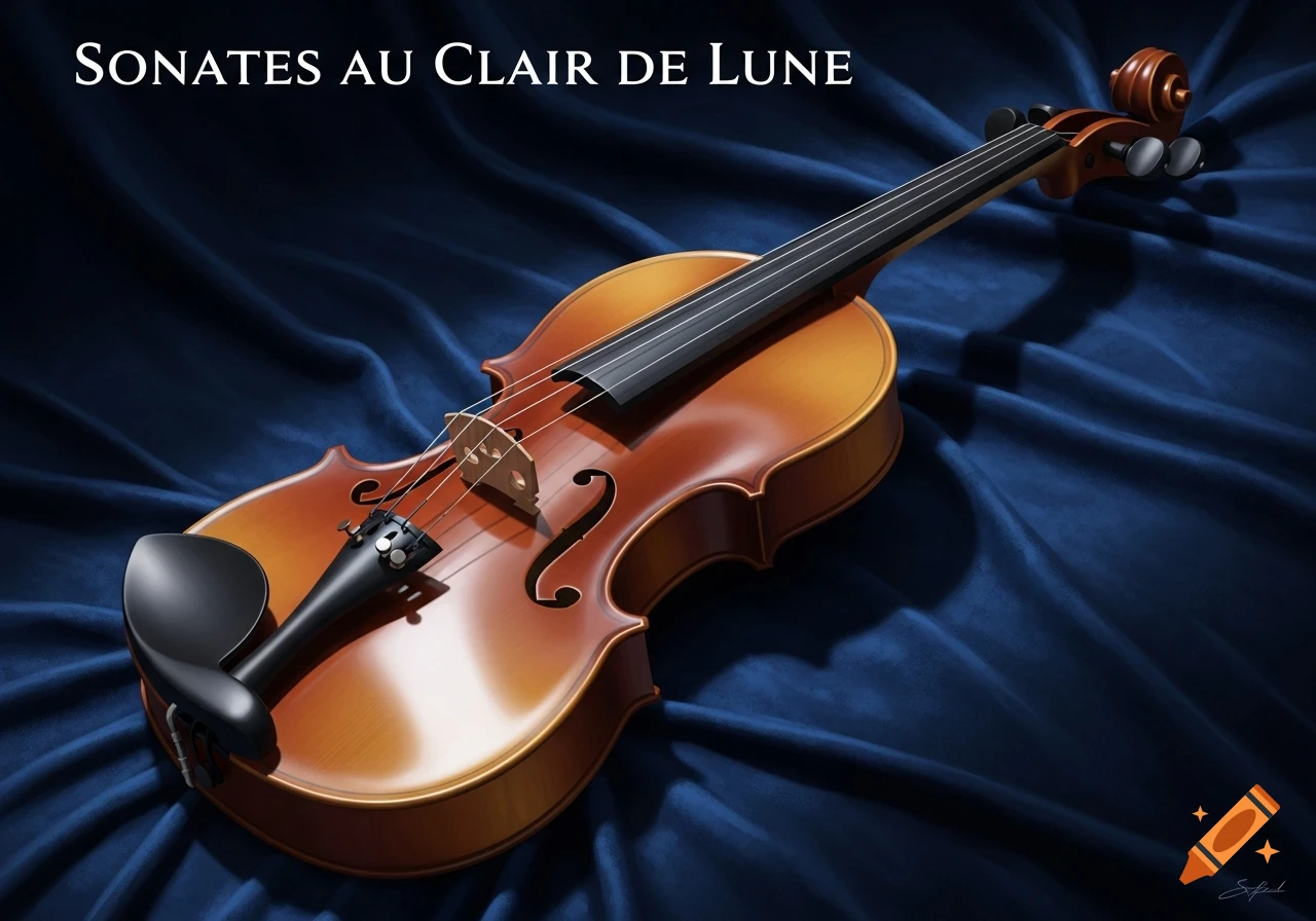An elegant, photorealistic violin rests on dark blue velvet, illuminated by soft light, with the text 'Sonates au Clair de Lune' above.