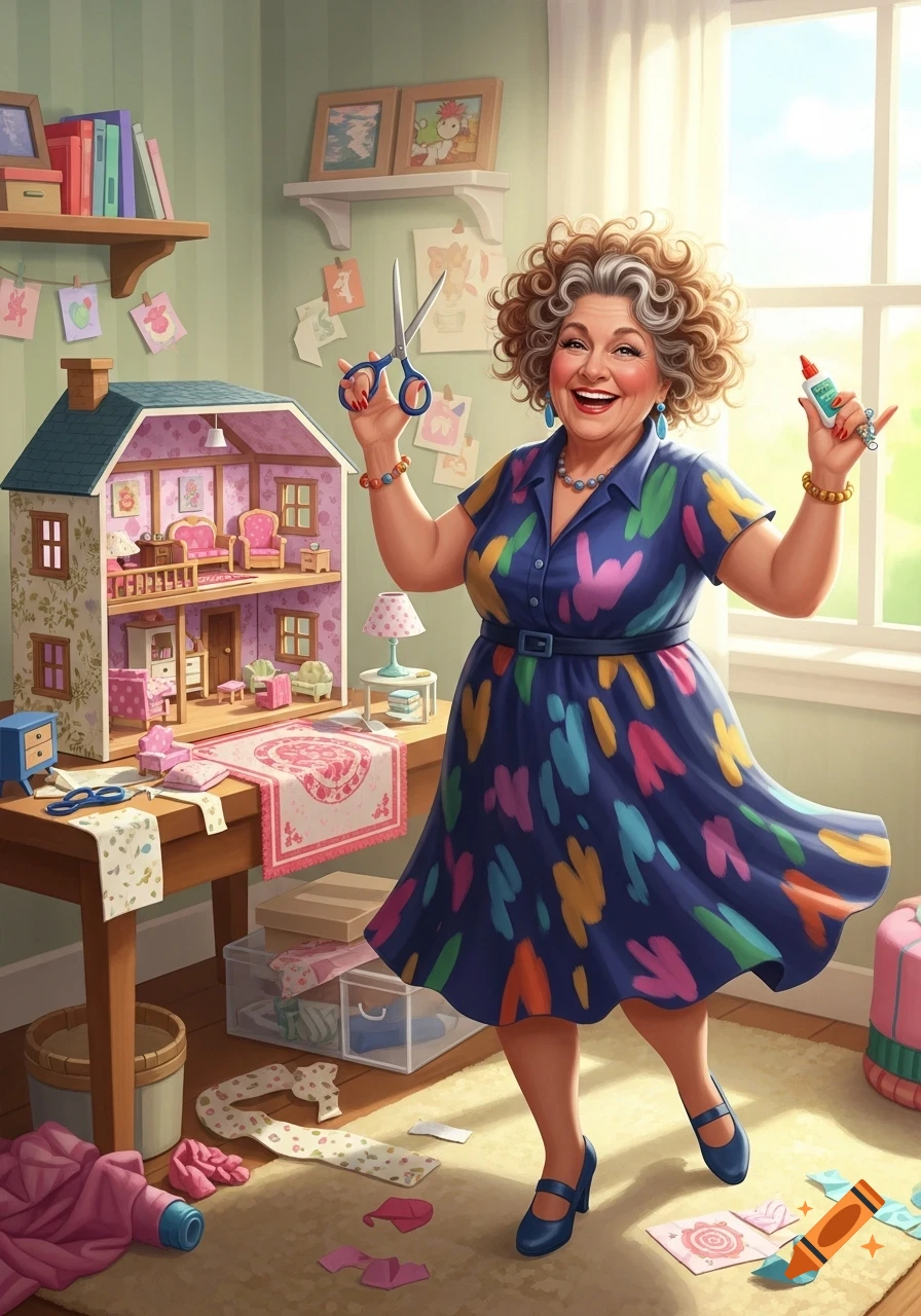 A cheerful older woman with curly hair dances with scissors and glue while building a dollhouse in a sunny craft room.