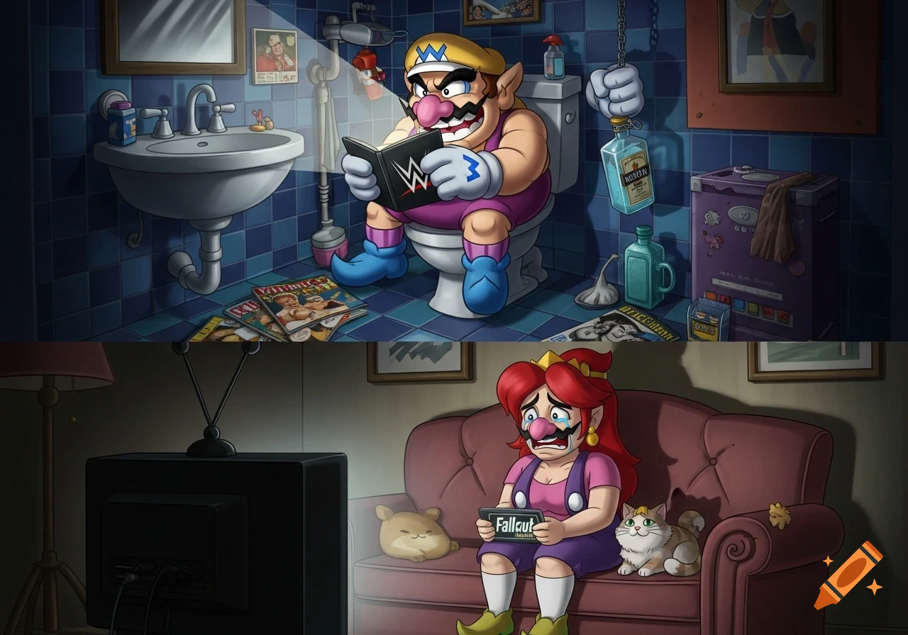 A split image shows Wario on a toilet reading a WWE book, and Queen Merelda crying on a couch playing a Fallout game with a cat.