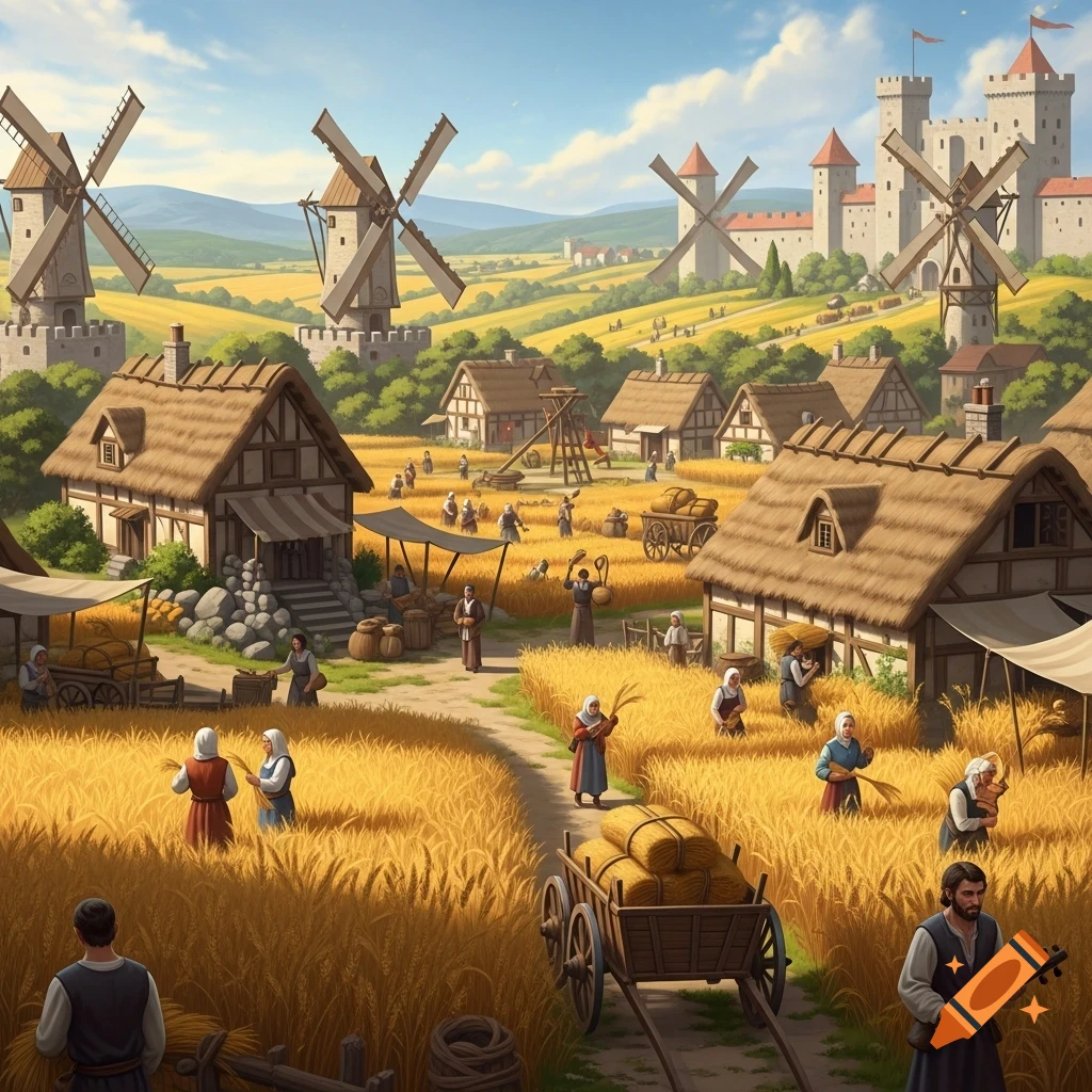 A vibrant illustration of a bustling medieval village with windmills, people harvesting wheat, and a distant castle.