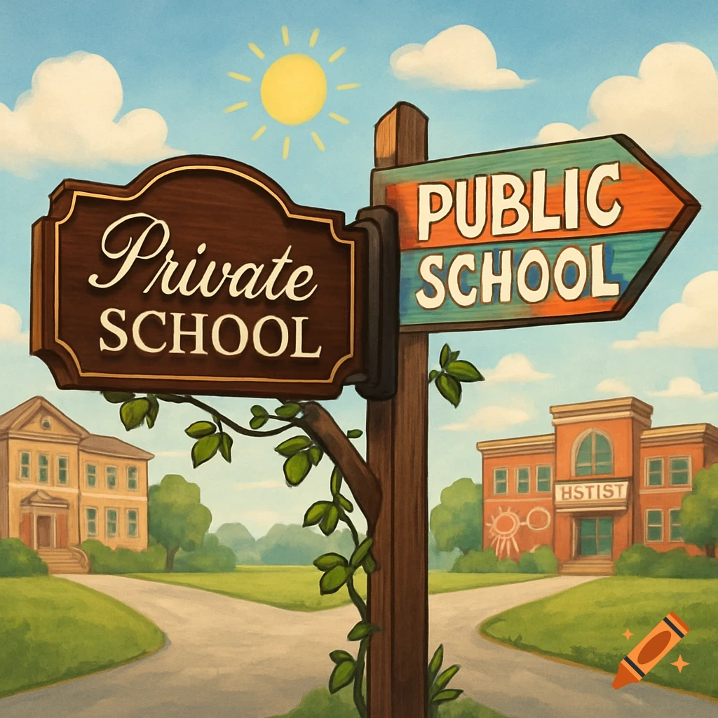 Cartoon illustration of a signpost with two signs: "Private SCHOOL" pointing left towards a private school building, and "PUBLIC SCHOOL" pointing right towards a public school building. A sun shines in a blue sky with clouds above a split road leading to both schools.