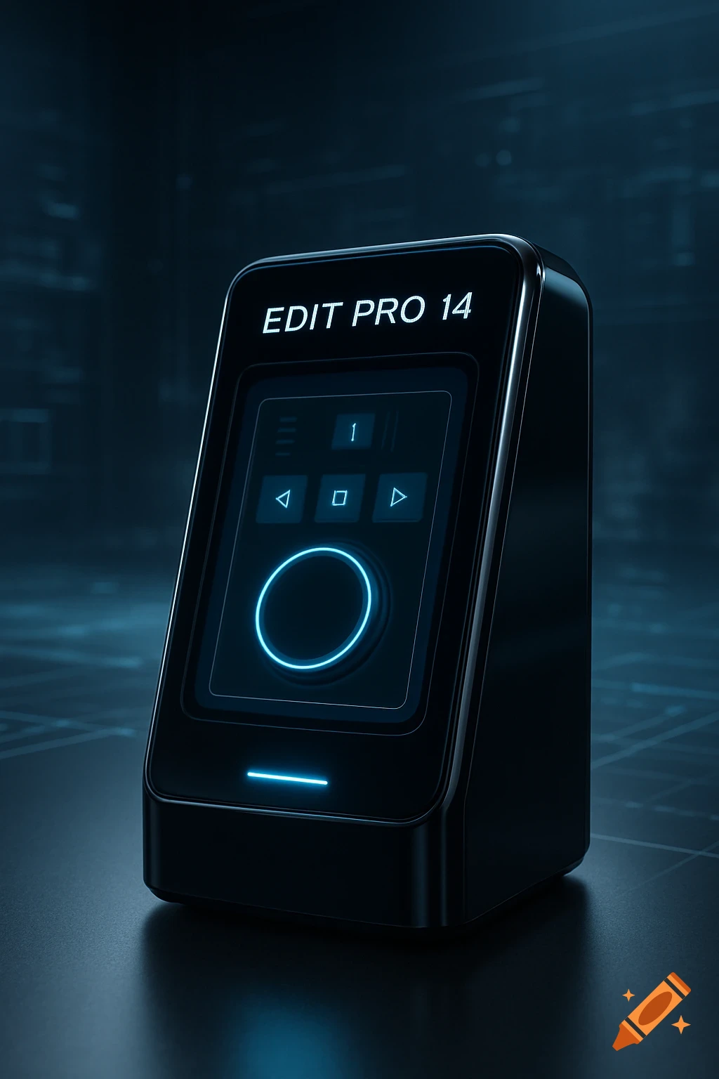 A sleek black electronic control device with a glowing blue screen displaying 'EDIT PRO 14', a circular dial, and control buttons.