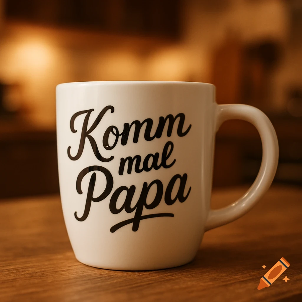 Close-up of a white mug with "Komm mal Papa" in black script on a wooden table, photorealistic.