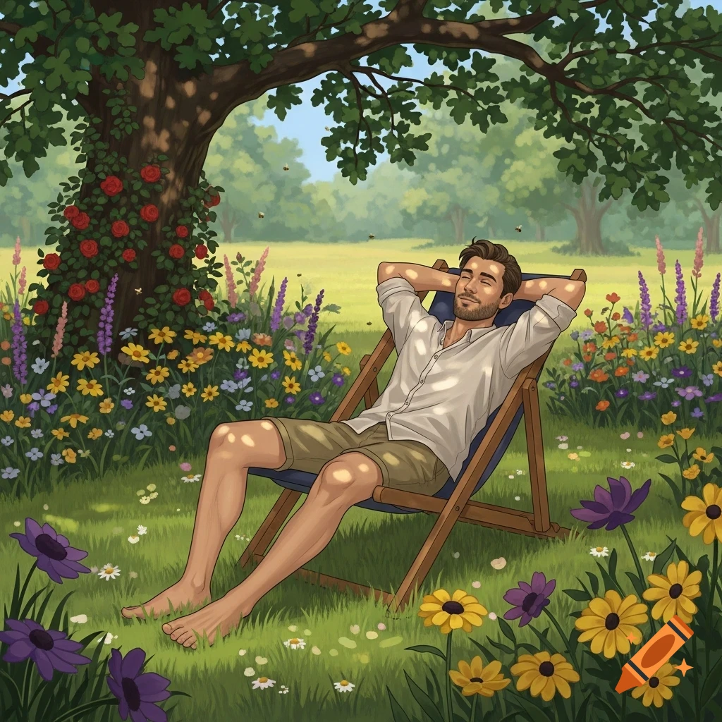 Illustrated man relaxing in a deck chair in a sunny garden under a tree, surrounded by wildflowers.