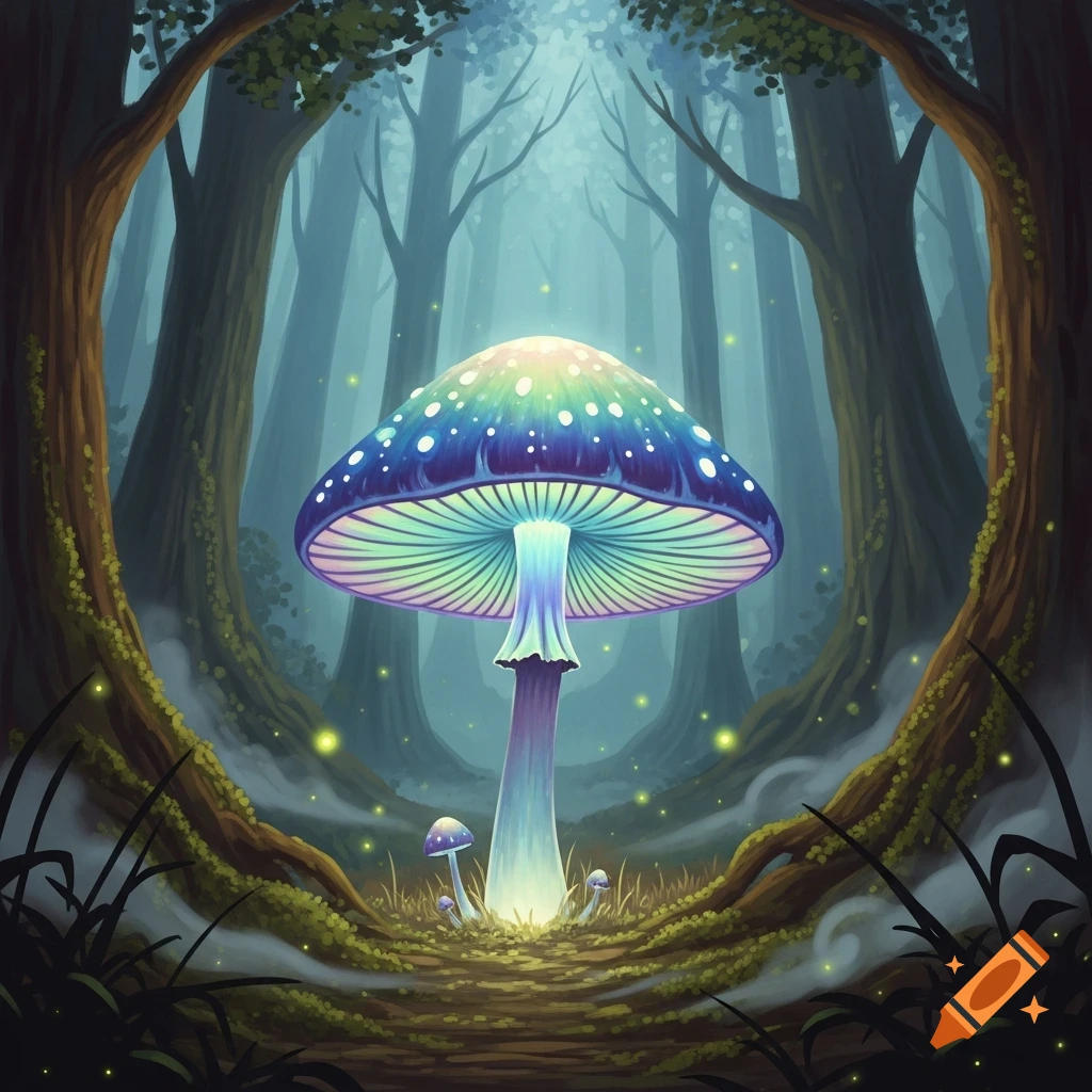 A glowing, rainbow-colored magical mushroom stands tall in a mystical forest, surrounded by fireflies and smaller mushrooms.